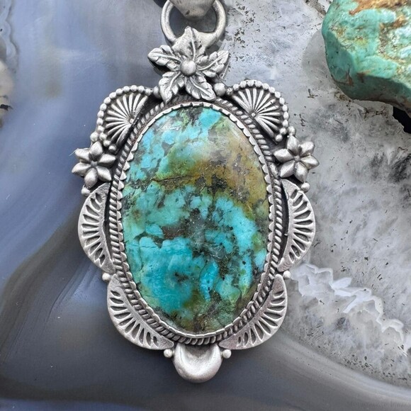 Sterling Silver Southwestern Style Oval Turquoise Decorated Pendant For Women - Picture 6 of 10